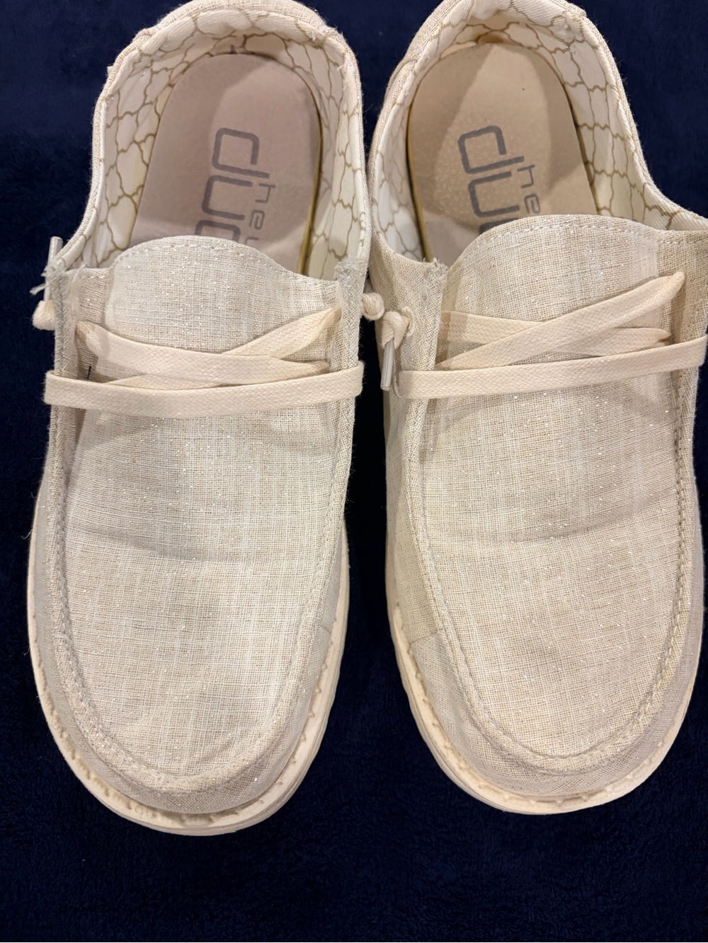 Hey Dude Women’s Natural Canvas Slip-On Loafers- gold glitter!